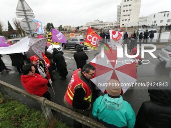 Demonstration organized by the Hospital Employees Union in front of the Poissy Medical Center, near Paris, on January 15, 2018  for the layi...