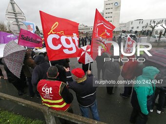 Demonstration organized by the Hospital Employees Union in front of the Poissy Medical Center, near Paris, on January 15, 2018  for the layi...