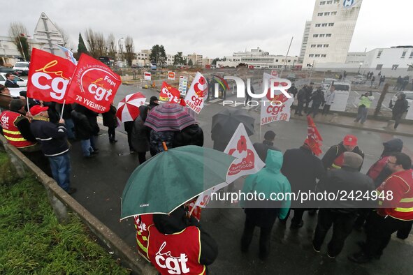 Demonstration organized by the Hospital Employees Union in front of the Poissy Medical Center, near Paris, on January 15, 2018  for the layi...