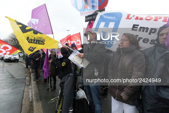 Demonstration organized by the Hospital Employees Union in front of the Poissy Medical Center, near Paris, on January 15, 2018  for the layi...