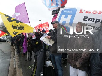 Demonstration organized by the Hospital Employees Union in front of the Poissy Medical Center, near Paris, on January 15, 2018  for the layi...