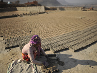 38 yrs old, KALIMAYA PARI making raw bricks at a brick factory in Lalitpur, Nepal on Tuesday, January 23, 2018. She used to make 600 - 700 b...