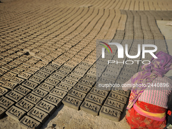 38 yrs old, KALIMAYA PARI making raw bricks at a brick factory in Lalitpur, Nepal on Tuesday, January 23, 2018. She used to make 600 - 700 b...