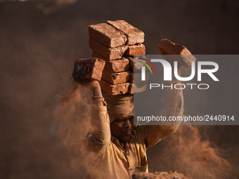 A Migrant Indian labourer stacks bricks by balancing them onto his head at a brick factory in Lalitpur, Nepal on Tuesday, January 23, 2018....