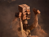 A Migrant Indian labourer stacks bricks by balancing them onto his head at a brick factory in Lalitpur, Nepal on Tuesday, January 23, 2018....