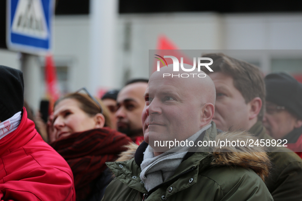 Christian Vorländer taking part in a strike at a BMW factory site in Munich, Germany, 2 February 2017. A few thousand came to the rally in f...