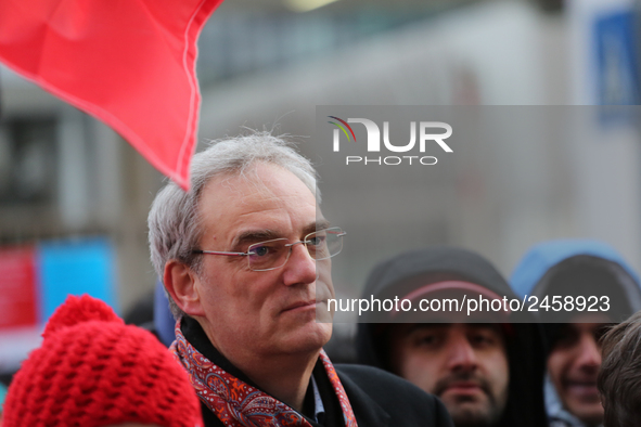 SPD member of the bavarian parliament Florian Ritter taking part in a strike at a BMW factory site in Munich, Germany, 2 February 2017. A fe...