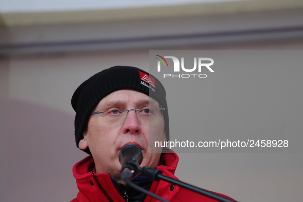 Horst Lischka taking part in a strike at a BMW factory site in Munich, Germany, 2 February 2017. A few thousand came to the rally in front o...