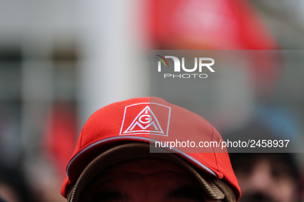 IG Metall hat is seen during a strike at a BMW factory site in Munich, Germany, 2 February 2017. A few thousand came to the rally in front o...