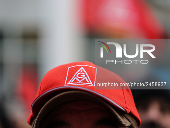 IG Metall hat is seen during a strike at a BMW factory site in Munich, Germany, 2 February 2017. A few thousand came to the rally in front o...