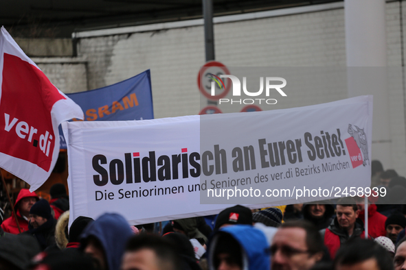 Verdi seniors showing solidarity with the workers taking part in a strike at a BMW factory site in Munich, Germany, 2 February 2017. A few t...