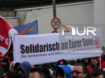 Verdi seniors showing solidarity with the workers taking part in a strike at a BMW factory site in Munich, Germany, 2 February 2017. A few t...