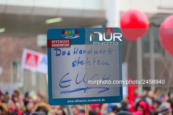 Solidarity from the craft is seen during a strike at a BMW factory site in Munich, Germany, 2 February 2017.. A few thousand came to the ral...