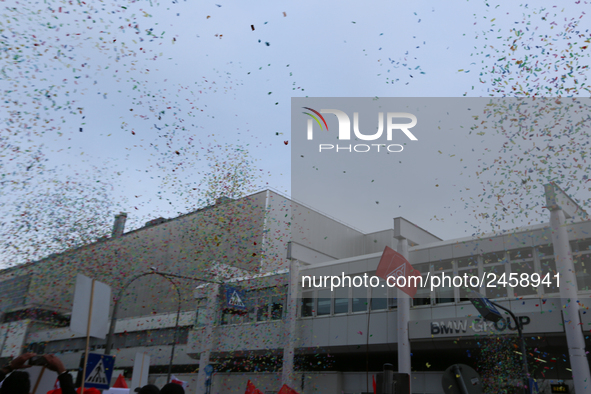 Confetti in the air is seen during a strike at a BMW factory site in Munich, Germany, 2 February 2017. A few thousand came to the rally in f...