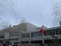 Confetti in the air is seen during a strike at a BMW factory site in Munich, Germany, 2 February 2017. A few thousand came to the rally in f...