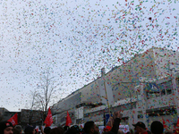 Confetti in the air is seen during a strike at a BMW factory site in Munich, Germany, 2 February 2017. A few thousand came to the rally in f...