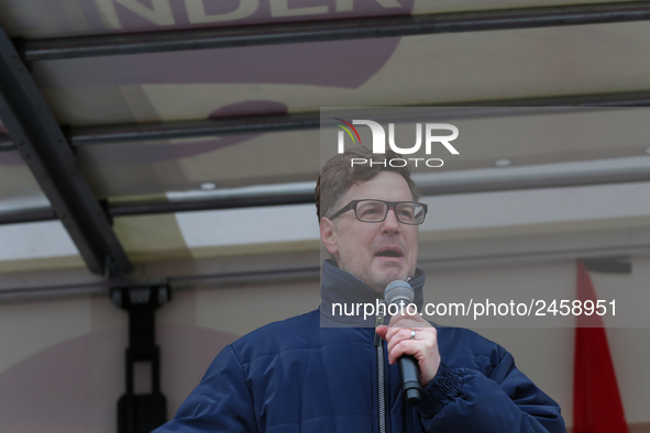 Comedian Florian Simbeck, known for his part of Stefan Lust in 'Stefan und Erkan' during a strike at a BMW factory site in Munich, Germany,...