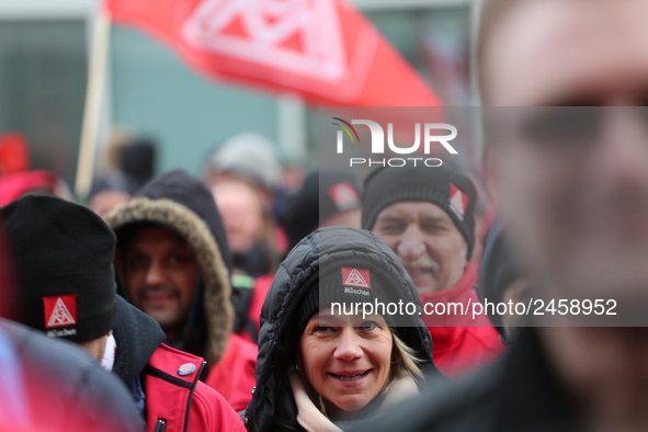 Striking workers during a strike at a BMW factory site in Munich, Germany, 2 February 2017.. A few thousand came to the rally in front of th...