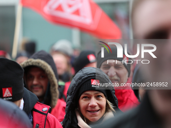 Striking workers during a strike at a BMW factory site in Munich, Germany, 2 February 2017.. A few thousand came to the rally in front of th...