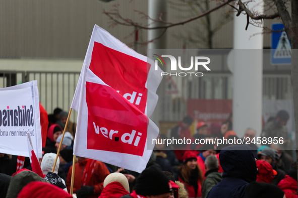 Verdi flags Confetti is seen during a strike at a BMW factory site in Munich, Germany, 2 February 2017.. A few thousand came to the rally in...