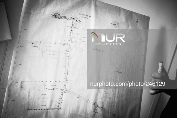 Italy, Sardinia 2013 The mining engineer shows the planetary of all the area and where are situated the wells of Nuragi Figus and Seruci, th...