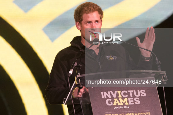 HRH Prince Harry addressing the crowd at the Invictus Games 2014 at the Queen Elizabeth Olympic Park, London, UK on Sunday 14th September 20...