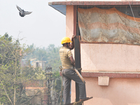 Labour work Road side Electrical post on February  13, 2018 in Kolkata City , India. (