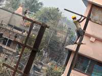 Labour work Road side Electrical post on February  13, 2018 in Kolkata City , India. (