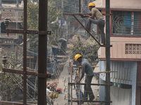 Labour work Road side Electrical post on February  13, 2018 in Kolkata City , India. (