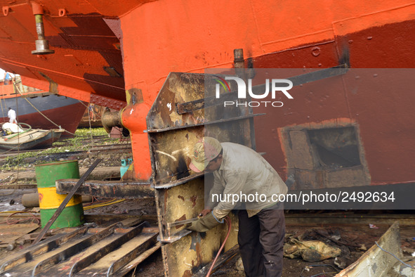 A worker welding on a ship parts at Keraniganj, Dhaka, Bangladesh on 18 February 2018. When it comes to shipping, Bangladesh is known mostly...