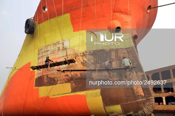 Painters paint on a long ship at Keraniganj, Dhaka, Bangladesh on 18 February 2018. When it comes to shipping, Bangladesh is known mostly as...