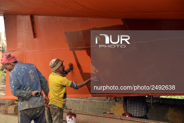 Painter paint on a ship at Keraniganj, Dhaka, Bangladesh on 18 February 2018. When it comes to shipping, Bangladesh is known mostly as a shi...