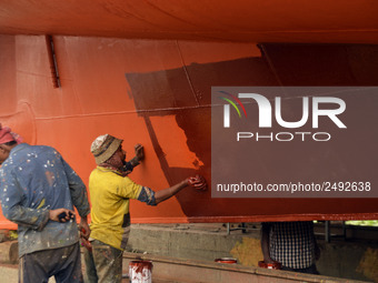 Painter paint on a ship at Keraniganj, Dhaka, Bangladesh on 18 February 2018. When it comes to shipping, Bangladesh is known mostly as a shi...