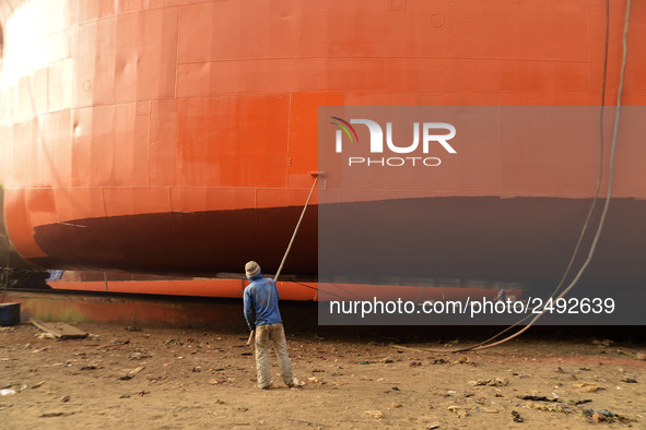 A Painter paint on a long ship at Keraniganj, Dhaka, Bangladesh on 18 February 2018. When it comes to shipping, Bangladesh is known mostly a...