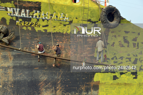 A Painter paint on a long ship at Keraniganj, Dhaka, Bangladesh on 18 February 2018. When it comes to shipping, Bangladesh is known mostly a...