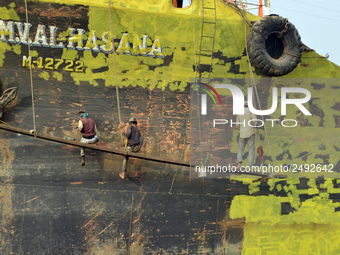 A Painter paint on a long ship at Keraniganj, Dhaka, Bangladesh on 18 February 2018. When it comes to shipping, Bangladesh is known mostly a...