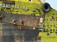 A Painter paint on a long ship at Keraniganj, Dhaka, Bangladesh on 18 February 2018. When it comes to shipping, Bangladesh is known mostly a...