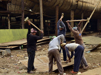 Workers breaking the ship parts with heavy hammer  at Keraniganj, Dhaka, Bangladesh on 18 February 2018. When it comes to shipping, Banglade...