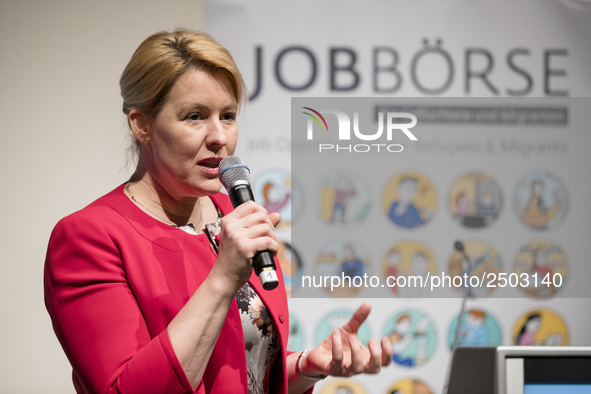 Mayor of Neukoelln Franzisk Giffey speaks during the opening of a Job Fair for Refugees and Migrants in Berlin, Germany on February 20, 2018...