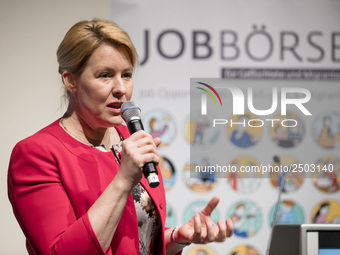 Mayor of Neukoelln Franzisk Giffey speaks during the opening of a Job Fair for Refugees and Migrants in Berlin, Germany on February 20, 2018...