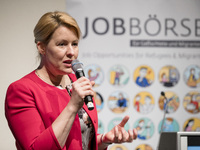 Mayor of Neukoelln Franzisk Giffey speaks during the opening of a Job Fair for Refugees and Migrants in Berlin, Germany on February 20, 2018...