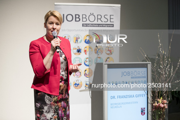 Mayor of Neukoelln Franzisk Giffey speaks during the opening of a Job Fair for Refugees and Migrants in Berlin, Germany on February 20, 2018...