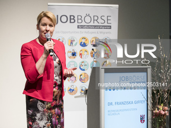 Mayor of Neukoelln Franzisk Giffey speaks during the opening of a Job Fair for Refugees and Migrants in Berlin, Germany on February 20, 2018...