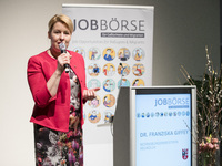 Mayor of Neukoelln Franzisk Giffey speaks during the opening of a Job Fair for Refugees and Migrants in Berlin, Germany on February 20, 2018...