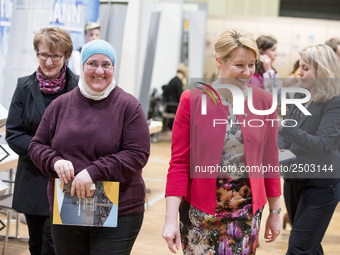 Mayor of Neukoelln Franzisk Giffey (R) attends a Job Fair for Refugees and Migrants in Berlin, Germany on February 20, 2018. With over 200 e...