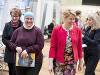 Mayor of Neukoelln Franzisk Giffey (R) attends a Job Fair for Refugees and Migrants in Berlin, Germany on February 20, 2018. With over 200 e...