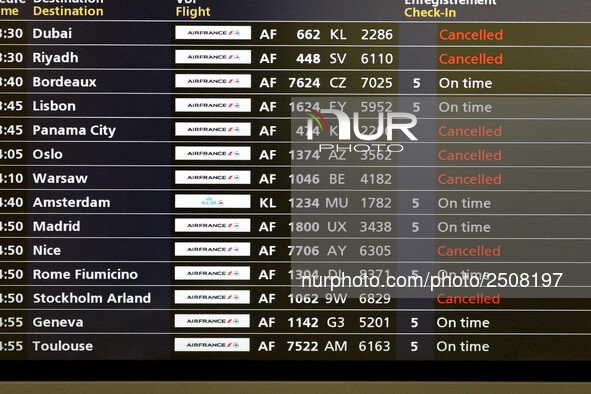 Departure board with Air France cancelled flights during a coordinated one-day strike involving Air France pilots, cabin crew and ground sta...