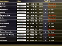 Departure board with Air France cancelled flights during a coordinated one-day strike involving Air France pilots, cabin crew and ground sta...