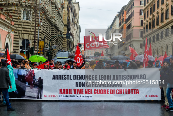 Logistic and transport workers from COBAS union organized a protest against the so-called "jobs-act" law in Rome, Italy on Saturday, Februar...