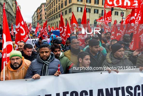 Logistic and transport workers from COBAS union organized a protest against the so-called "jobs-act" law in Rome, Italy on Saturday, Februar...